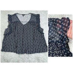 Lucky Brand Navy blue white Sleeveless Ruffle floral geometric Navy Blue 2X